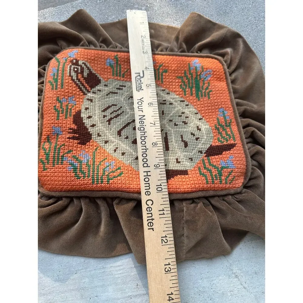 Vintage handmade needlepoint turtle pillow sham brown velvet ruffle orange